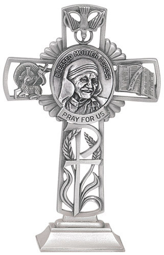 Cross Standing St. Mother Teresa Calcutta 5 inch Pewter Silver