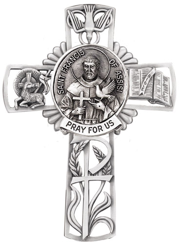 Cross Wall St. Francis Assisi 5 inch Pewter Silver