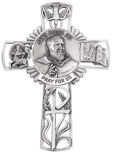 Cross Wall St. Padre Pio 5 inch Pewter Silver
