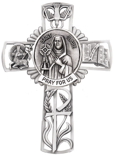 Cross Wall St. Clare Assisi 5 inch Pewter Silver