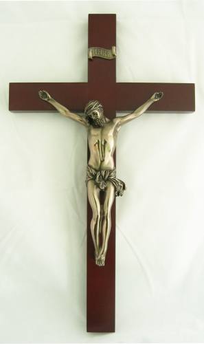 Crucifix Wall 14 inch Wood with Bronzed Resin Corpus