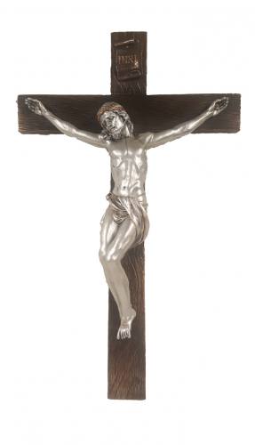 Crucifix Wall 16 inch Pewter Style Corpus Gold Trim Bronze