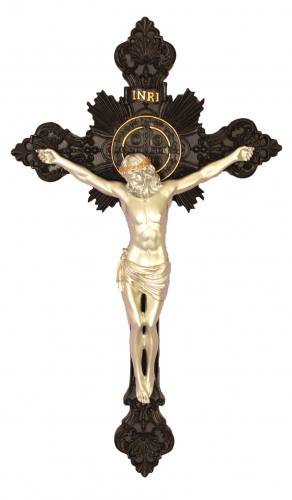 Crucifix Wall St. Benedict 14 Inch Pewter Style Corpus Gold Trim